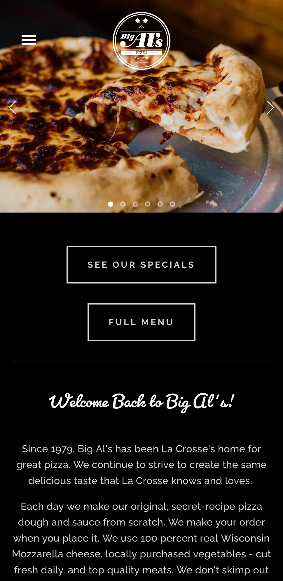 Big Al’s Pizza website on mobile