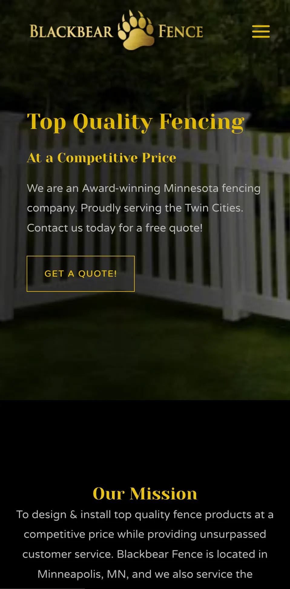 Blackbear Fence website on mobile