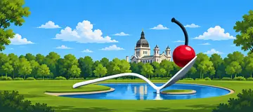 Full-scene illustration of Spoonbridge and Cherry at the Minneapolis Sculpture Garden beneath a blue sky