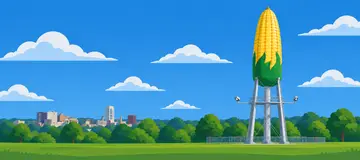 Illustration of Rochester's corn-shaped water tower with downtown in the distance