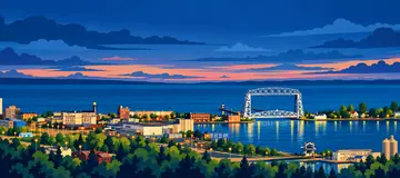 Duluth waterfront illustration featuring the harbor and lift bridge at sunset