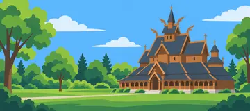 Moorhead illustration of Hopperstad Stave Church in a park landscape