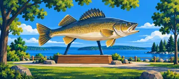 Garrison landmark illustration of a leaping walleye sculpture beside the water