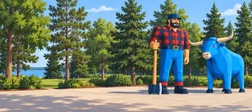 Bemidji landmark illustration of Paul Bunyan and Babe beside the lake