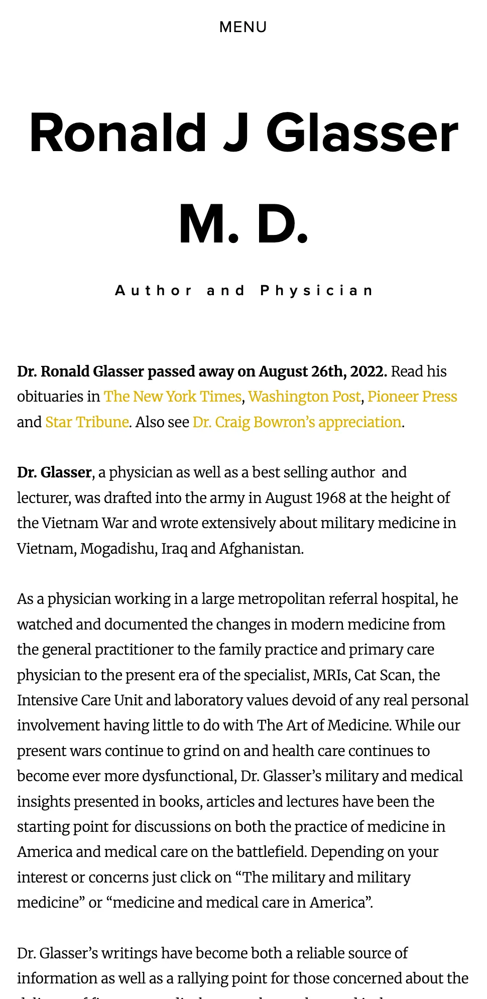 Ronald J. Glasser website on mobile