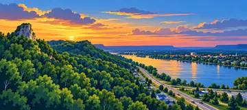 Winona illustration of Sugar Loaf Bluff overlooking the Mississippi River at sunset